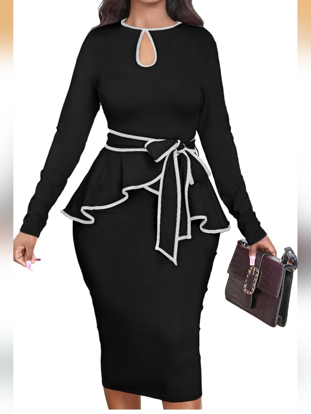Elegant Black Peplum Sheath Bodycon Dress with Contrast Trim XXL